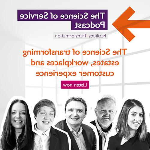 'The Science of Service Podcast: Facilities Transformation' purple lettering at the top of a square image, with an orange arrow pointing right. 'The science of transforming estates, workplaces and customer experience' in orange lettering in the middle, with 'Listen now' in a magenta button. Black and white headshots of the contributors at the bottom